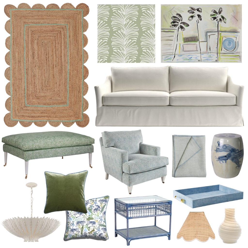 Product style guide including blue rattan side table, Upholstered Ottoman, Scalloped jute and pale green rug, teal club chair, blue and white dragon garden stool, cream ceramic chandelier, slipcovered sofa, scalloped lamp shade with cream trim, simple lines palm watercolor painting, Blue shagreen serving tray, ceramic table lamp, Sage Green Botanical Stripe Custom Wallpaper, Fern green velvet custom pillow with sky blue piping, blue baby alpaca throw, and Green Tiger Custom Pillow with sky piping