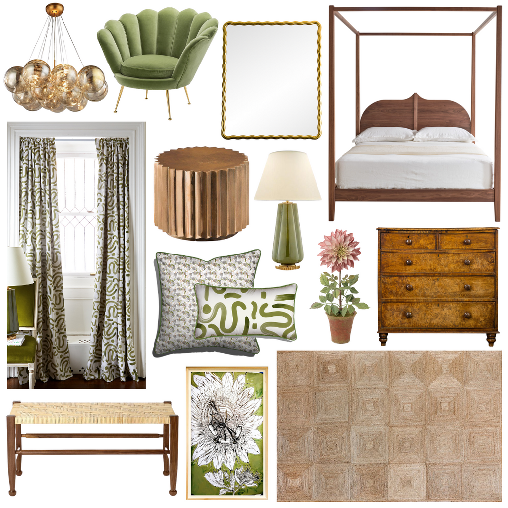 Product style guide including Scalloped Velvet Chair, Light Chandelier In Antique Gold Leaf, Gold wave mirror, Brown four poster bed, Moss Green Custom Curtain, Bronze Gold Side Table, Moss Green Table Lamp, Grey Floral Custom Pillow, Moss Green Custom Lumbar Pillow, Robertson Jute Rug, and Green flower artwork