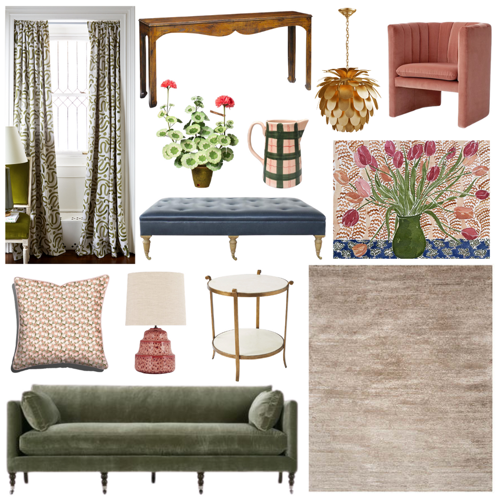 Product style guide including Moss Green Custom Curtain, Green velvet sofa, Tulips in vase artwork, Navy Leather Ottoman, Oat Brown rug,Pink Floral Custom Pillow with Pink Piping, Red ceramic table lamp, Pink velvet lounge chair, Scalloped walnut console, Gold Gilded pendant lamp, St. Germain side table, Paper flowers in green vase, and Ceramic squiggle jug