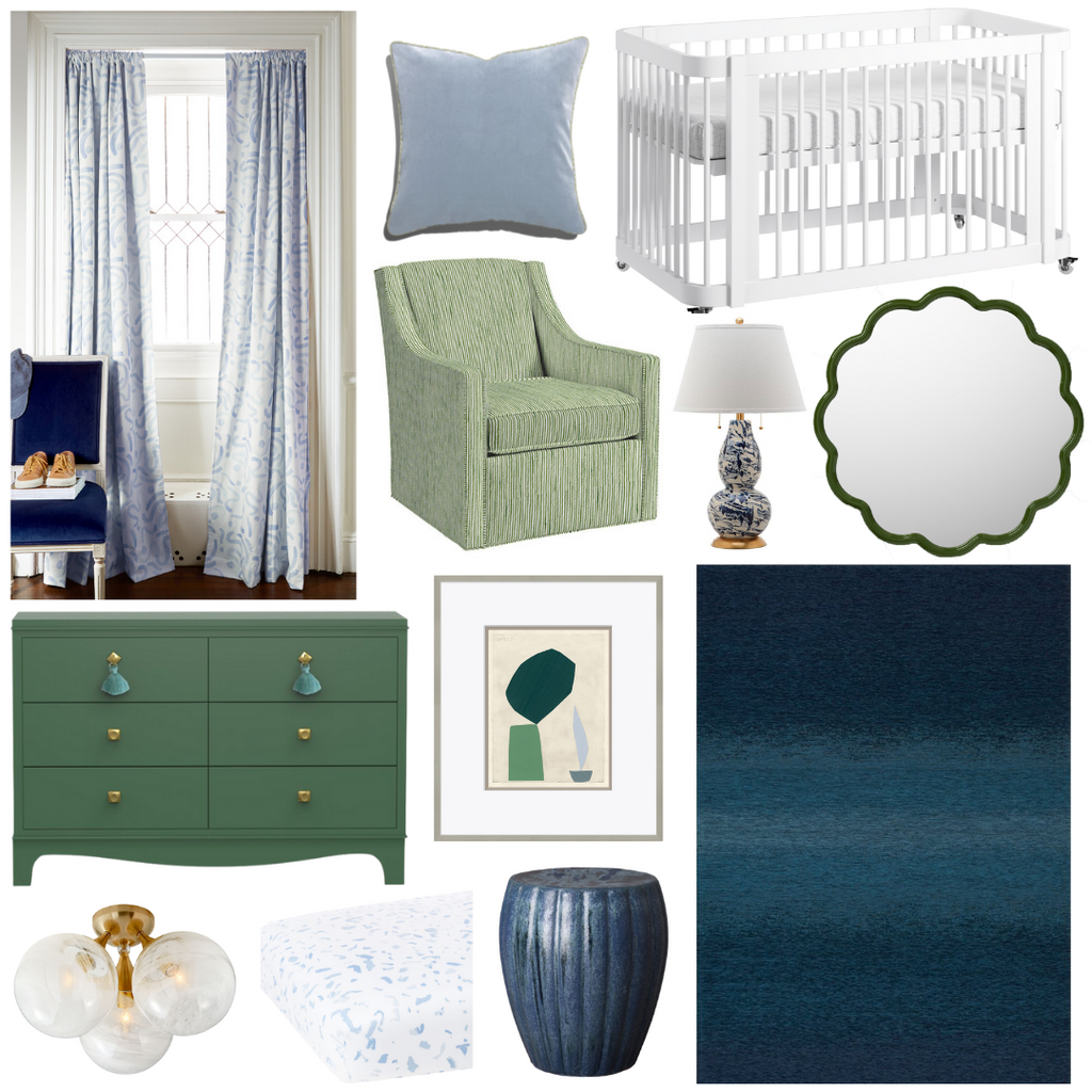 Product style guide including Sky Blue Custom Curtains, Teal Rug, Green Double Chest, Swivel chair, Blue Crib Sheet, Leafy pendant, Sky Blue Velvet Custom Pillow with Moss Green Geometric piping, Marbleized Navy Lamp, Shaded Collage Art, White Wave Crib, Green Flora Mirror, and Crystal Large Triple Flush Mount
