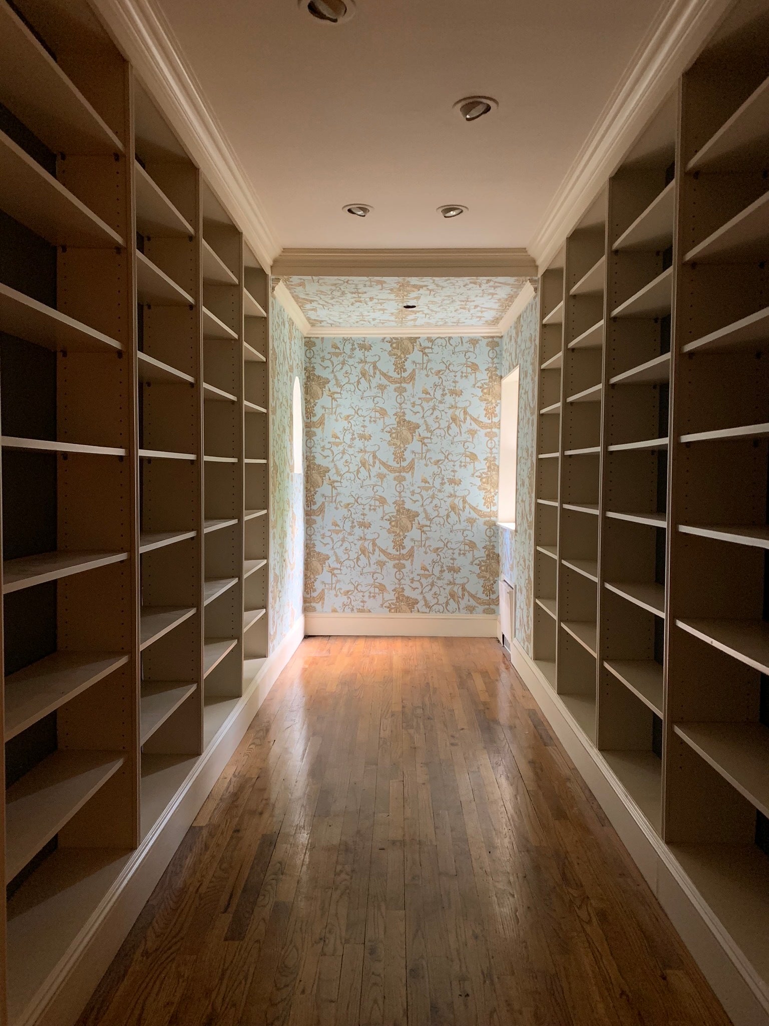 Empty hallway with bookshelves and floral blue wallpaper
