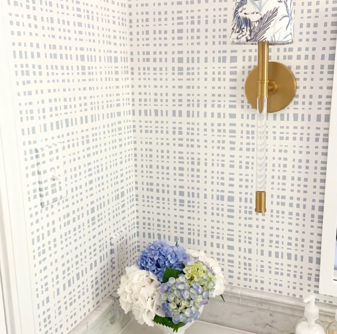 Close up of blue gingham wallpaper