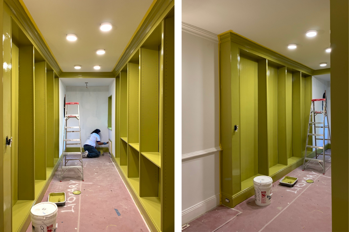 Library shelves getting painted with chartreuse color paint