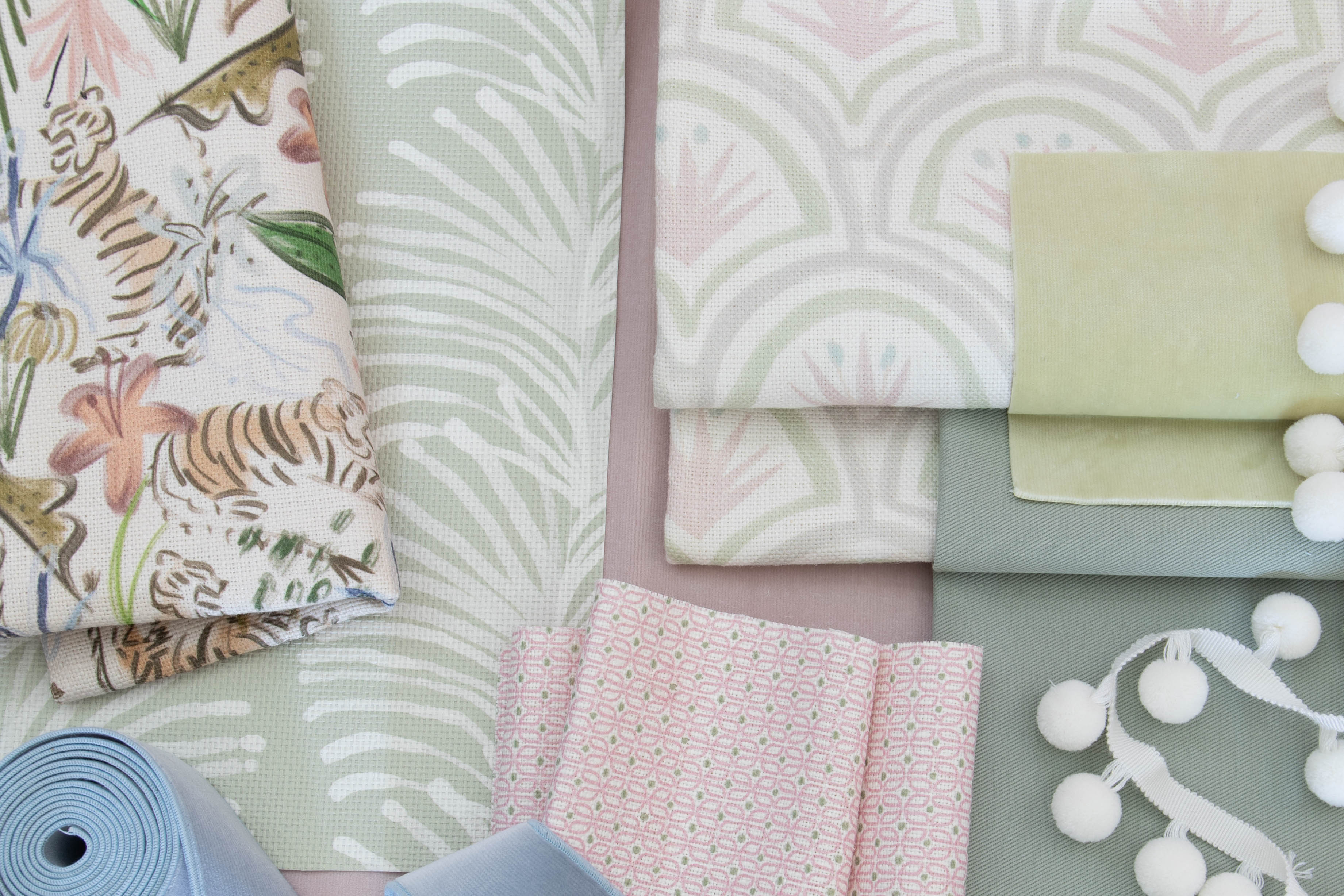 Interior design moodboard and fabric inspirations with sage botanical stripe fabric, pink and green art deco fabric, pink tiger chinoiserie fabirc and green velvet fabric