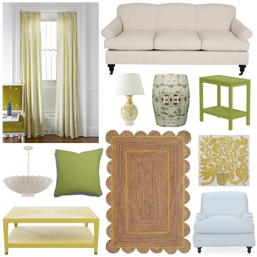 Product style guide including Yellow Stripe Chartreuse Custom Curtains, White Chandelier, Gold Floral Artwork, Vintage Garden Stool, Botanical Ikat Custom Curtain, Green Custom Pillow,Green Drinks Table, Ceramics Yellow Lamp,  Cream Sofa, Yellow grasscloth coffee table, Blue armchair, and Scalloped jute rug with lemon trim