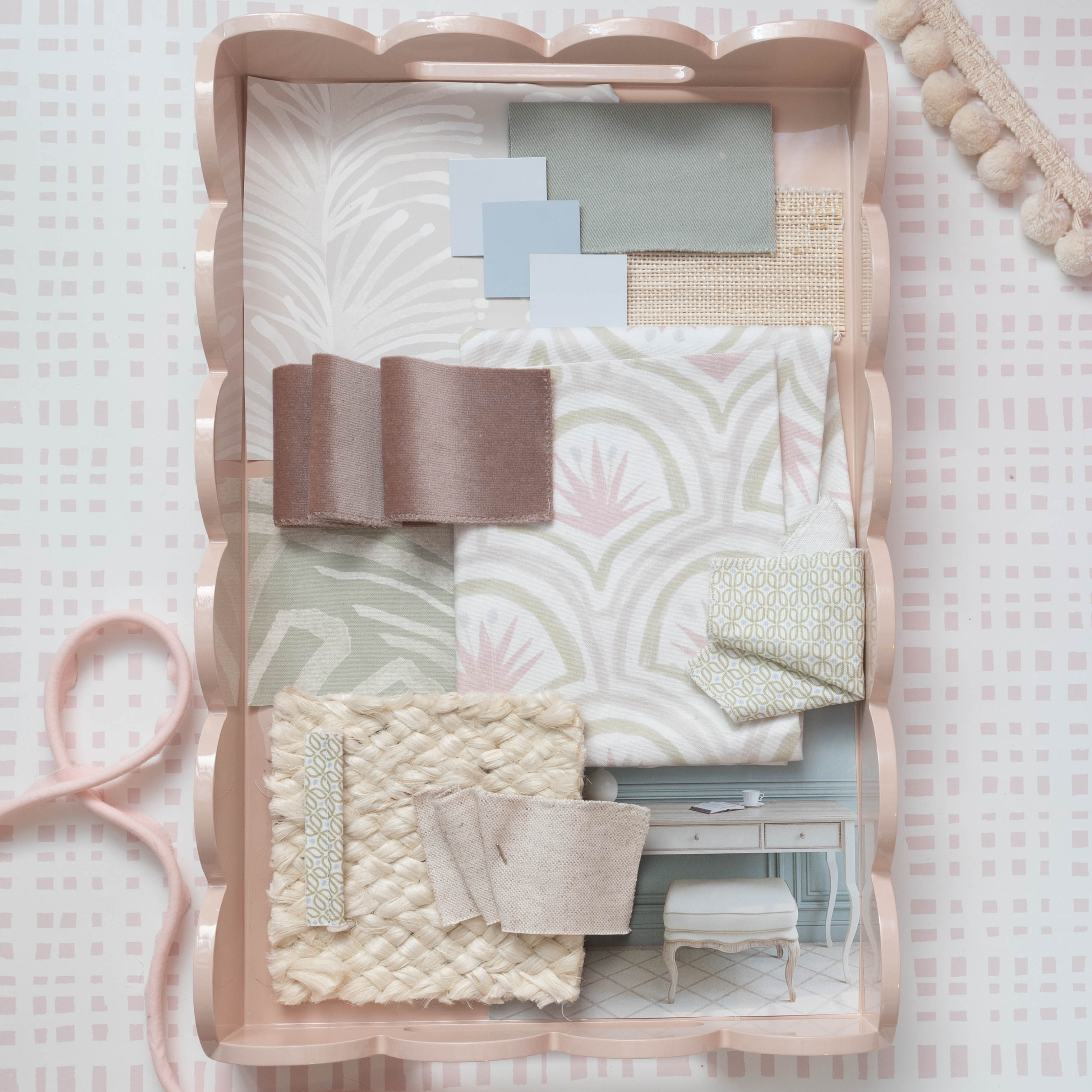 Interior design moodboard and fabric inspirations with pink and green printed cotton, sage green palm printed cotton, and pink piping