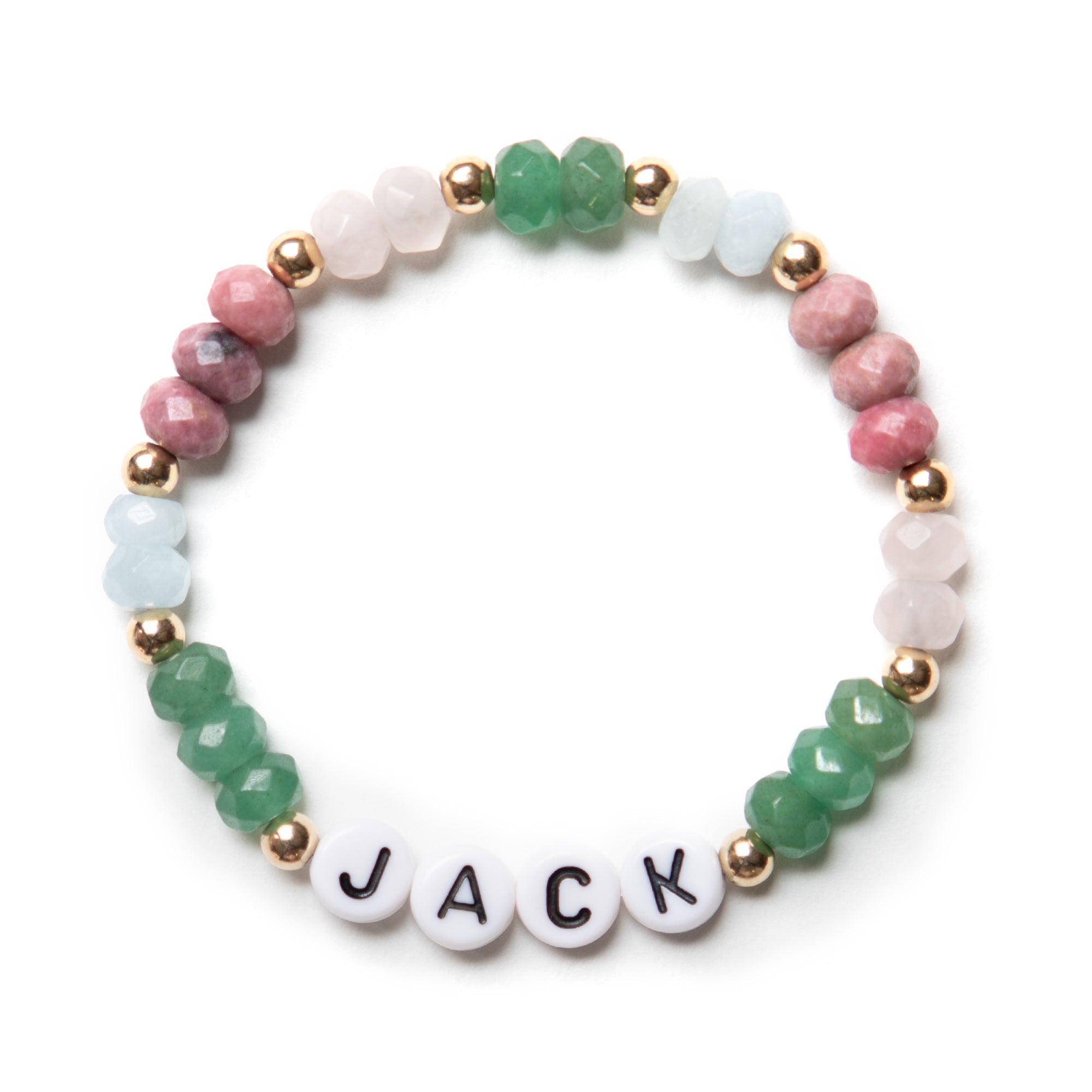 Green white and pink beaded bracelet customized with "JACK" beads