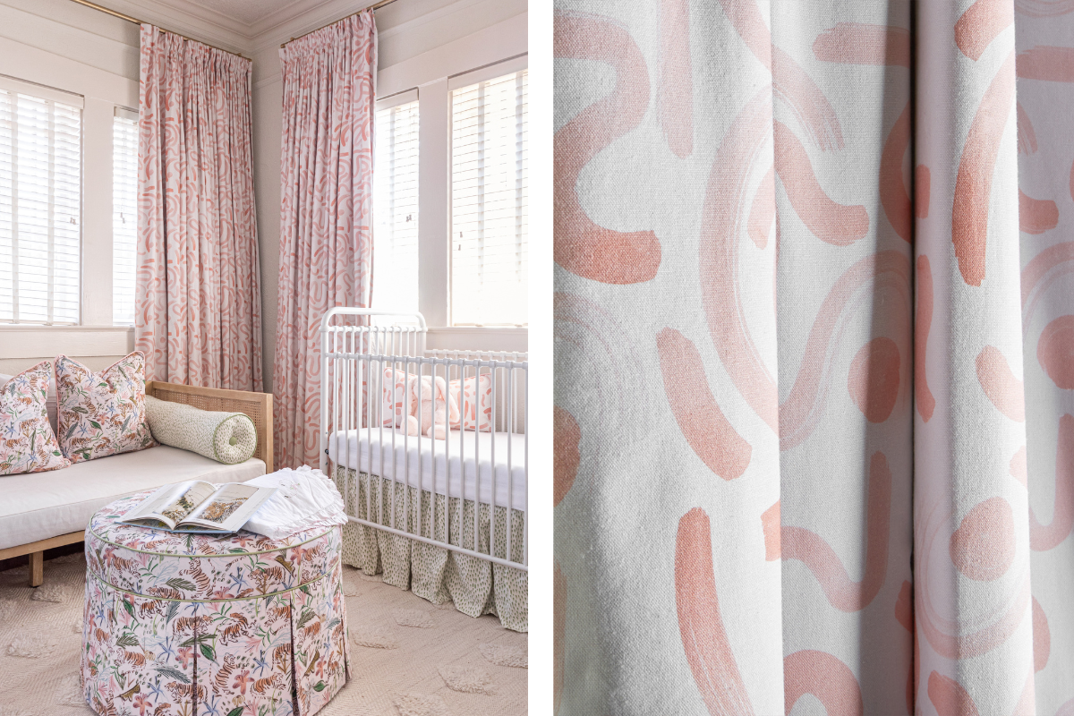 Nursery room corner styled with Pink Chinoiserie Tiger Custom Pillows on wooden bench with white mattress matching with a Pink Chinoiserie Tiger Printed Ottoman with Pink Graphic Printed Curtains next to a white crib with a pink graphic custom lumbar pillow