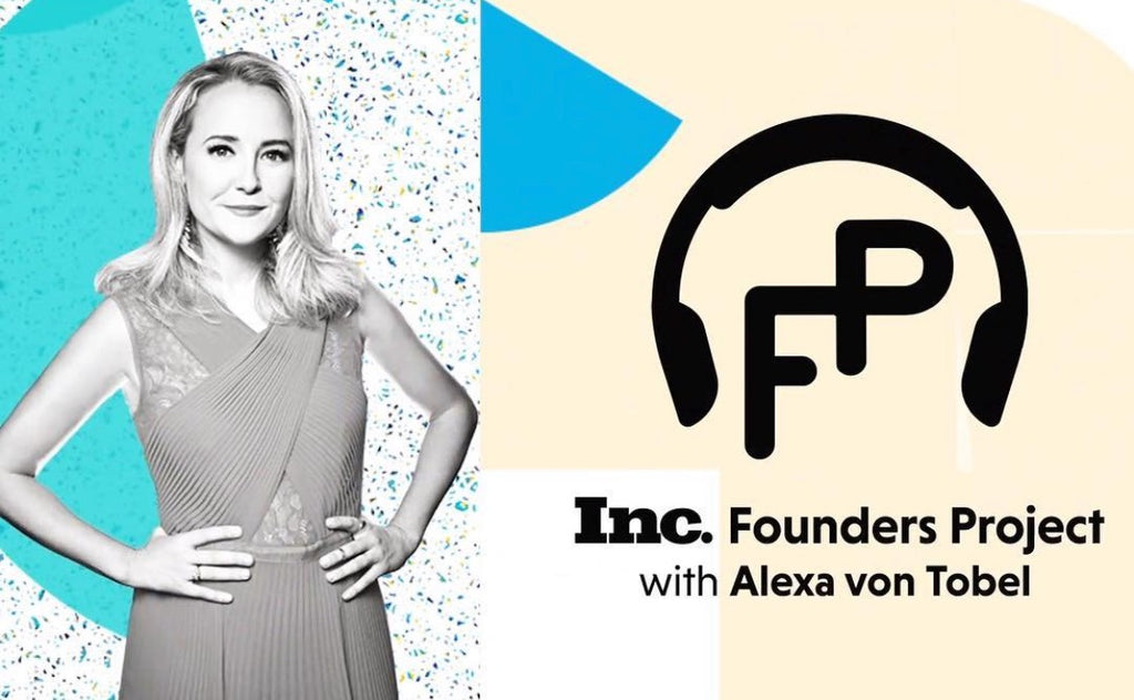 marketing advertisement for the founders project with a woman standing in all grey next to text saying Founders Project with Alexa von Tobel