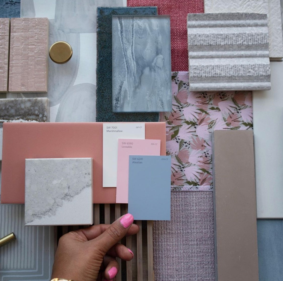 Interior design moodboard and fabric inspirations with different types of swatches including a Pink Floral custom swatch