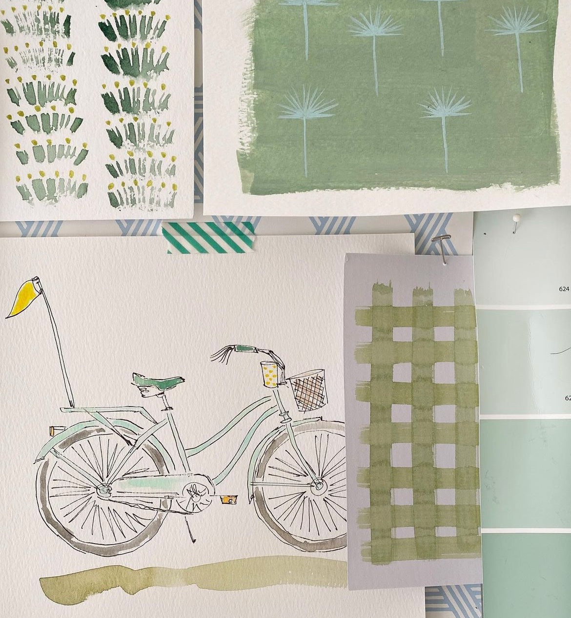 Blue and green watercolor artwork of brush strokes, palms and a mint green bicycle
