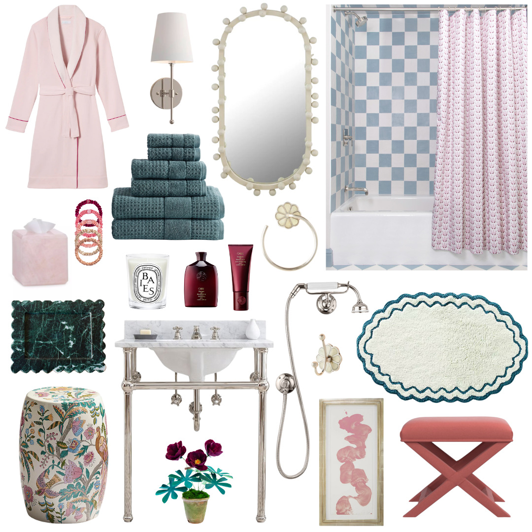 Product style guide including Pink & Burgundy Drop Repeat Floral Custom Curtain, Pink Bathrobe, Silver Sconce, Whimsical Mirror, Teal Bath Towels, Pink Tissue Holder, Hair Ties, White Candle, Red Burgundy Shampoo and Conditioner, Bathroom Hardware Set, Emerald Tray, Marble Top Vanity Sink, Hand Held Shower, White and Blue Bath Mat, Bird Printed Garden Stool, Paper Flowers in Green Vase, and Pink Stool