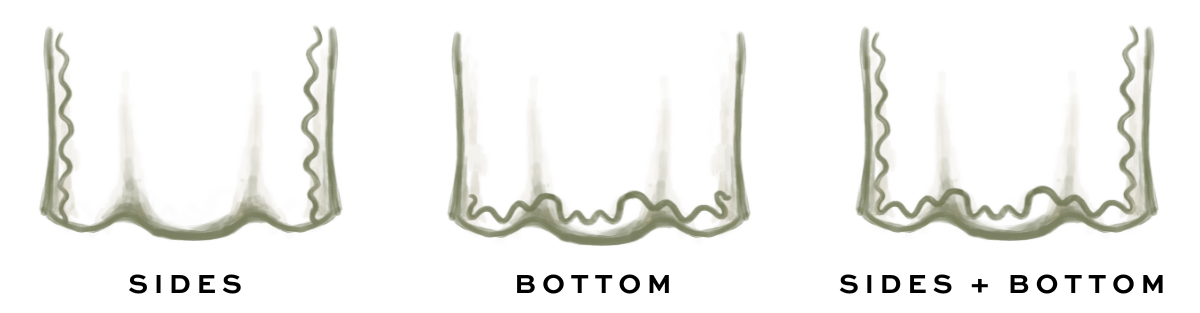 Illustration of trim on the bottom, sides and sides + bottom of a shower curtain