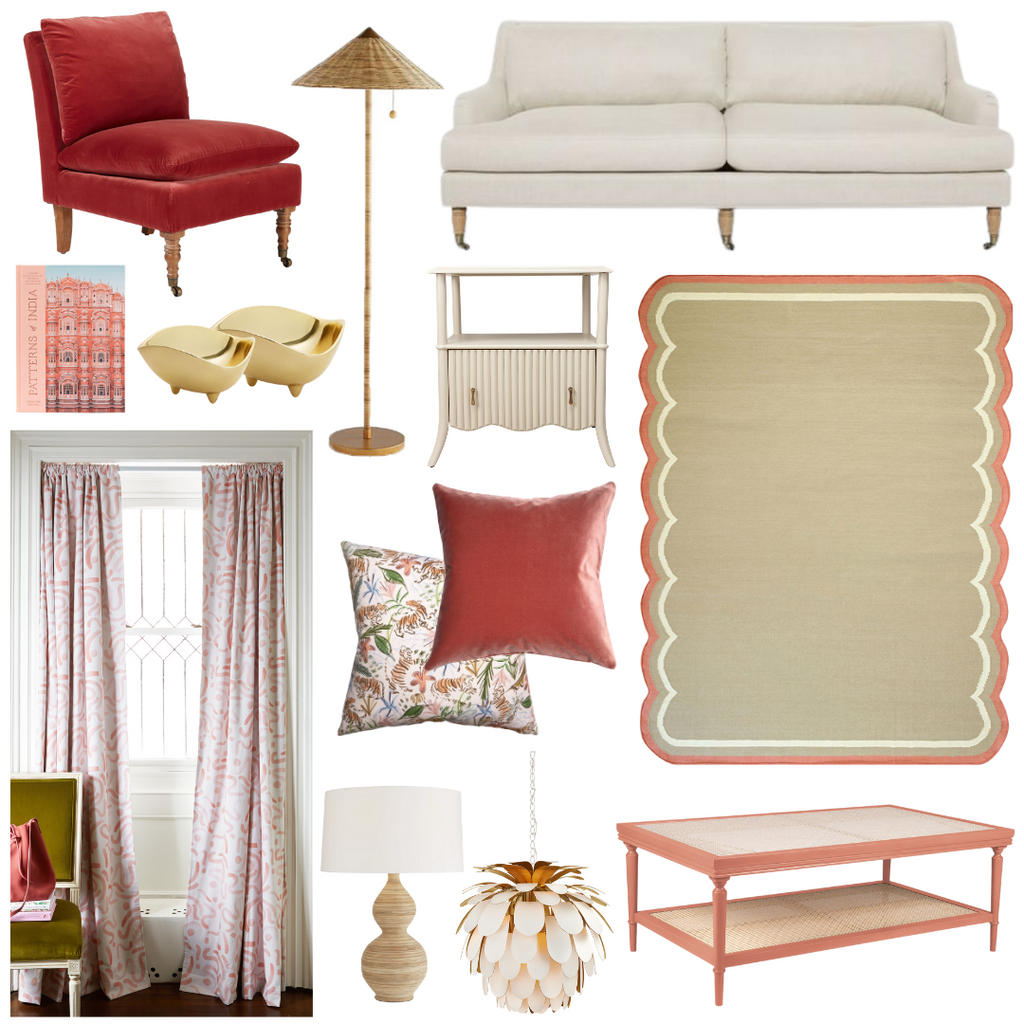 Product style guide including Pink Graphic Custom Curtains, Pink Chinoiserie Tiger Custom Pillow & Coral Velvet Custom Pillow, floor lamp, Cream Upholstered Sofa, Scalloped wool rug, Pink velvet slipped chair, large bedside table, Coffee Table Book, Table Lamp, Footed gold deco bowls, Terracotta coffee table, and medium chandelier