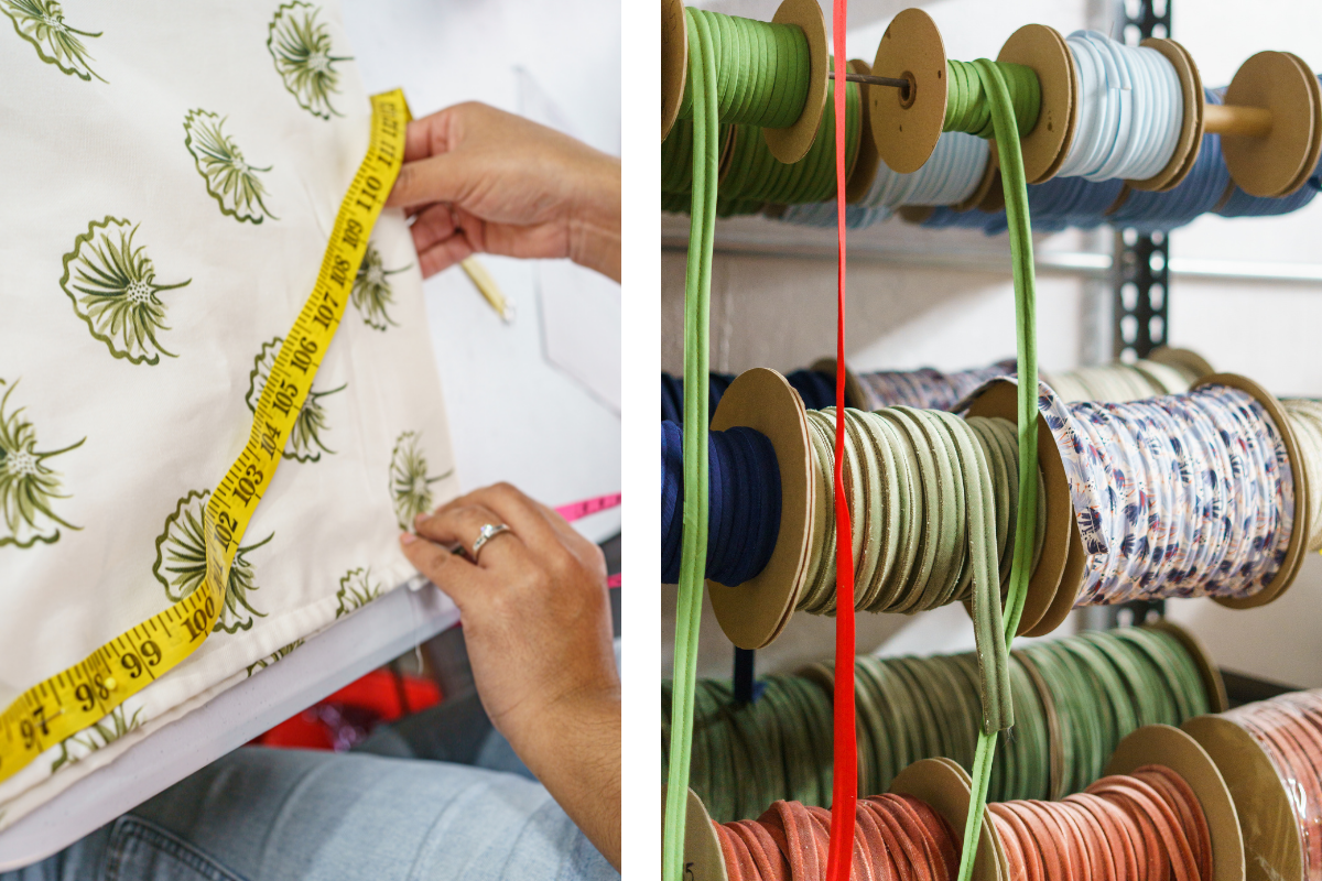 Green floral custom curtain panel getting measured by a worker and a photo of colorful piping options on individual rolls