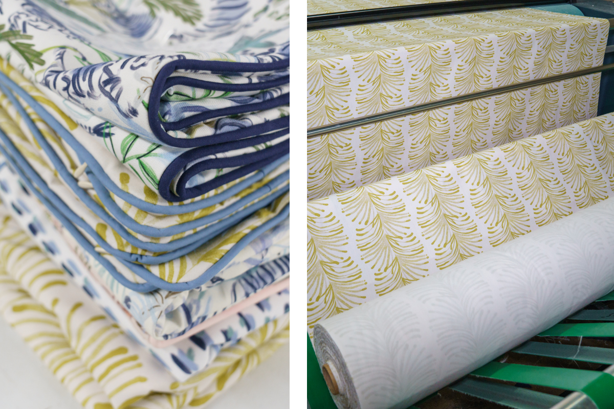 Stack of colorful custom pillow inserts and a chartreuse botanical fabric roll