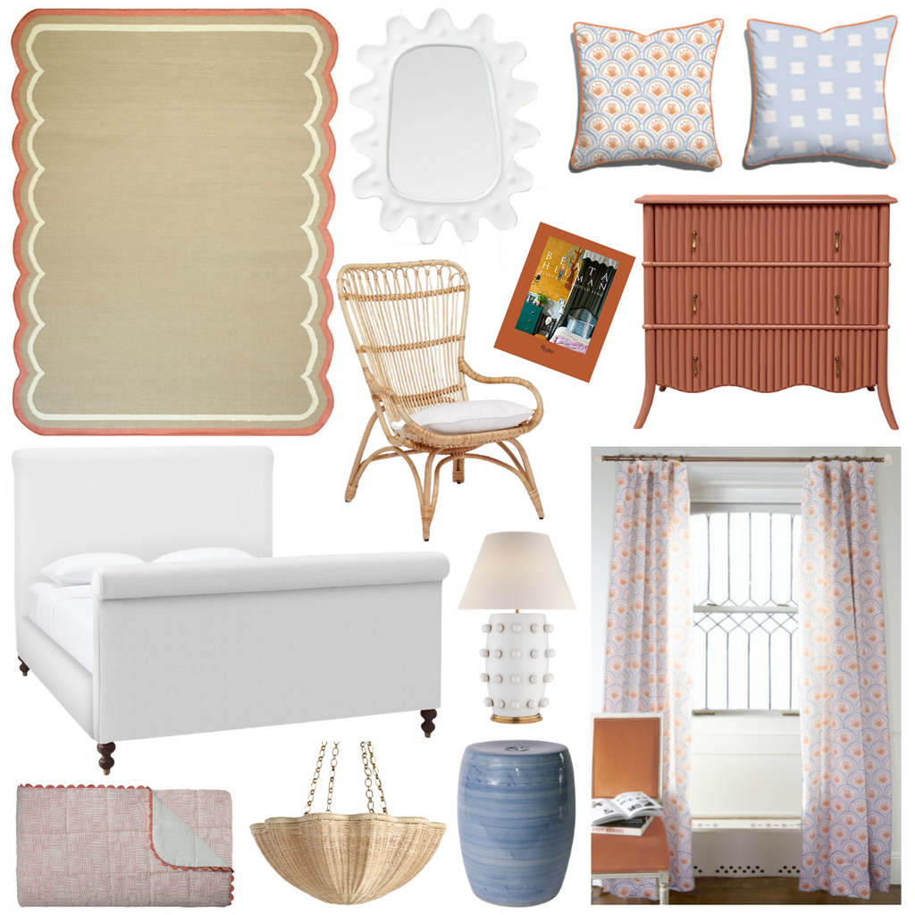 Product style guide including Art Deco Palm Pattern Custom Curtains, Linden Table Lamp, Ivory Mirror, Crosshatch Coral Linen Bedspread, Coral three door chest, White Upholstered Bed, Lounge chair, Blue garden stool, Rattan daisy hanging light, Sky Blue Pattern Custom Pillow with Orange piping, Coral Scallop Rug, and Art Deco Palm Pattern Custom Pillow