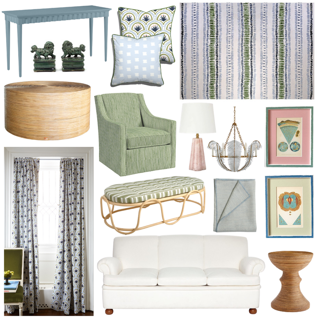 Product style guide including Art Deco Palm Pattern Custom Curtains, Green and Blue Striped Rug, Side Table, Pencil rattan round coffee table, Marbleized Rose Table Lamp, Blue feathered Chandelier, Rattan ribbon bench,Art Deco Palm Pattern Custom Pillow, Sky Blue Pattern Custom Pillow, Green swivel chair, Baby Alpaca Sky Throw, White Sofa, Reprints Artwork, Fern Green Ceramic Food Dogs, and Blue console table