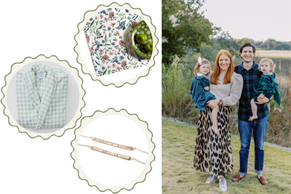 Cream Chinoiserie Custom Tablecloth, Woman’s spring green plaid robe, and ID Bracelet. Wife and husband carrying daughter and son outdoors