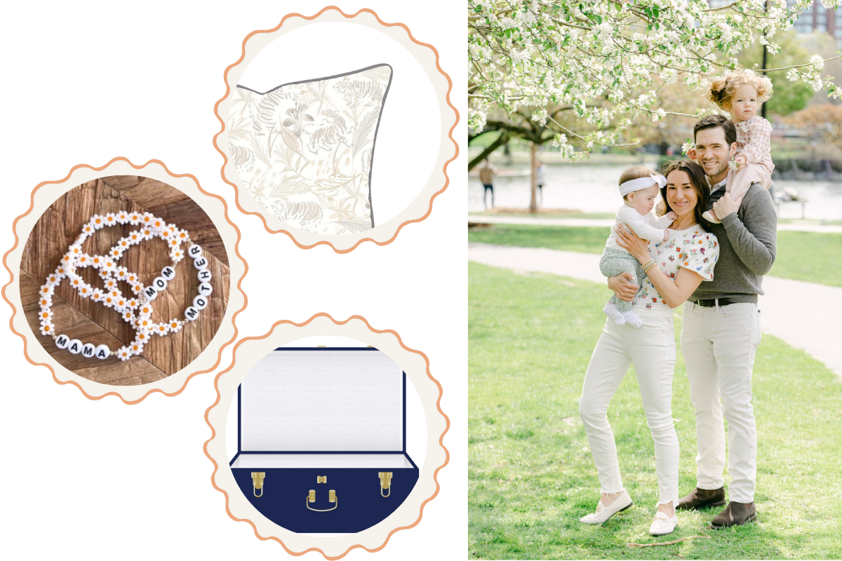 Beige Chinoiserie Tiger Custom Pillow, Mother’s Day Beaded Bracelet, and Navy Blue Trunk. Couple in a park carrying both of their babies smiling