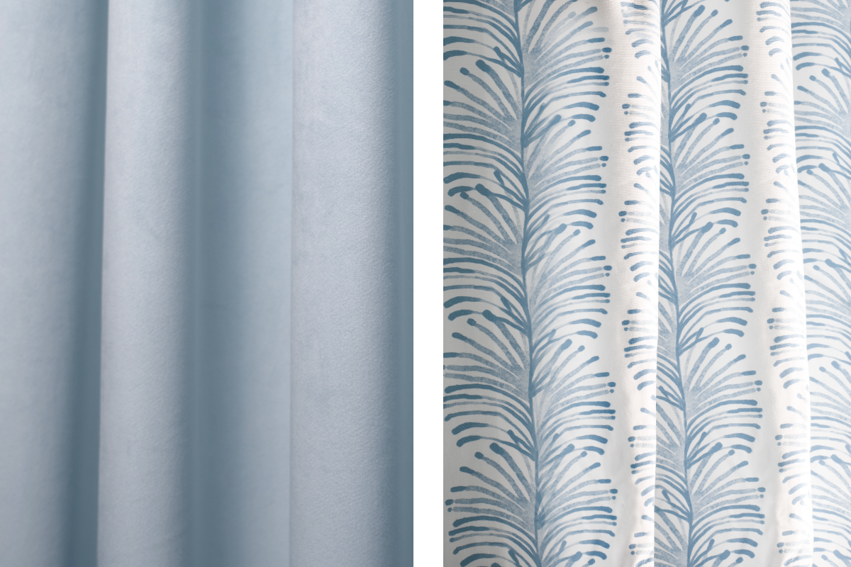 Close-up of Sky Blue Velvet Custom Curtains and Sky Blue Botanical Stripe Custom Curtains