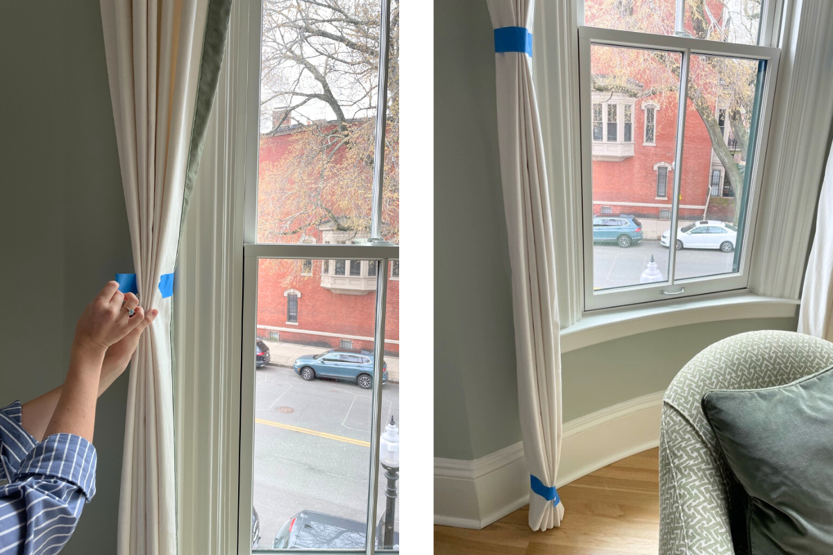 Natural white curtain with tape holding together the pleats