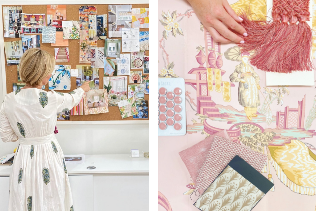 Blonde woman pointing to interior design moodboard and fabric inspirations