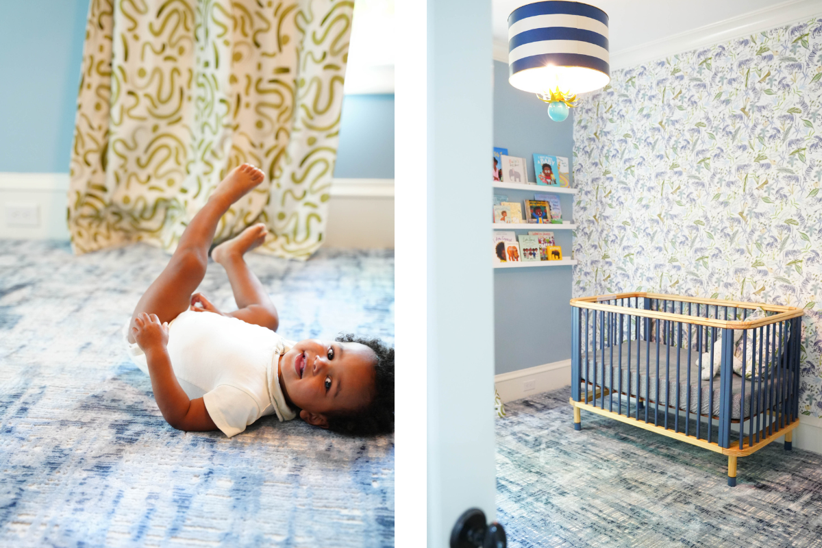 Baby laying on the carpet of nursery room styled with Moss Green Custom Curtains and Green Tiger custom wallpaper