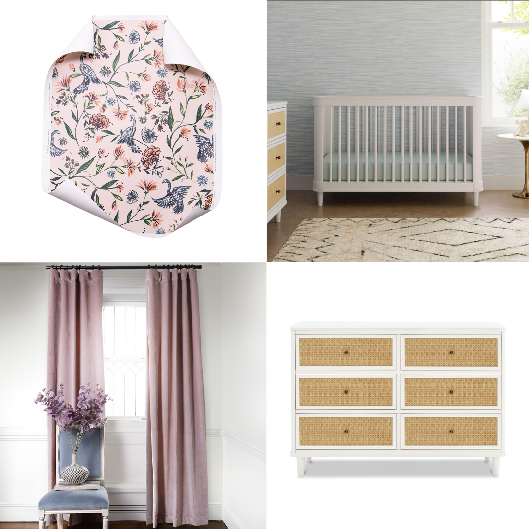 Interior design moodboard with pink chinoiserie wallpaper, a white and rattan dresser and convertible crib and mauve velvet curtains