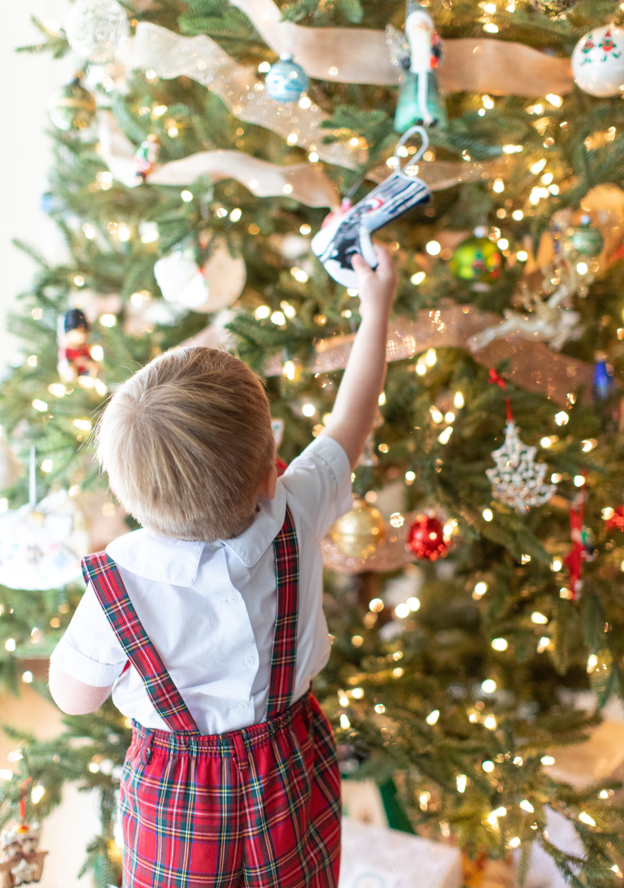 Little boy placing a mini stocking ornament on a christmas tree with gold lights