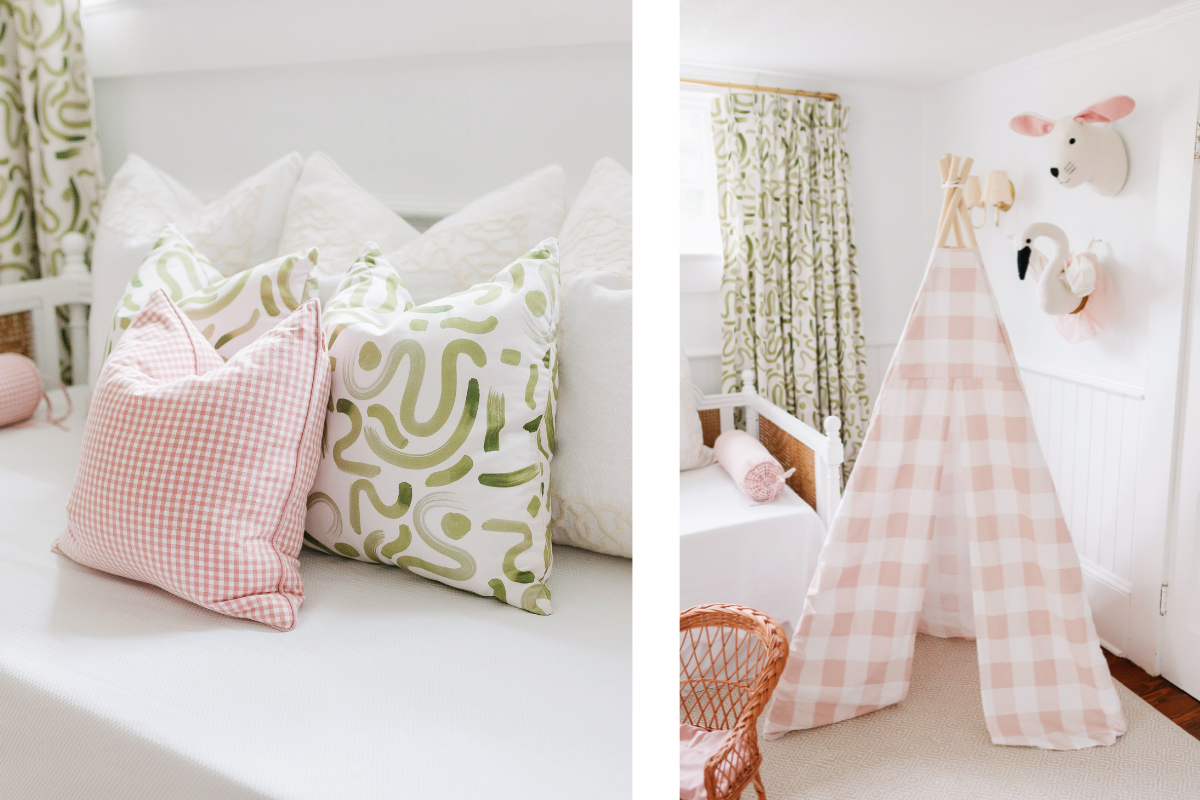 Close up of moss green geometric custom pillows and pink gingham pillows on white daybed next to a photo of a pink gingham tent in a playroom with moss green abstract custom curtains