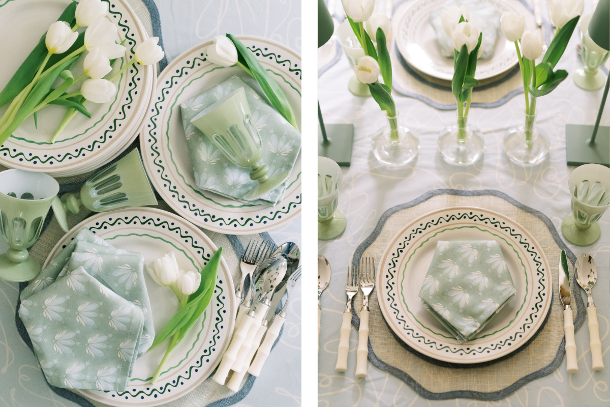 White Plates close-up with tulips and Blue & Green Floral Drop Repeat custom napkins