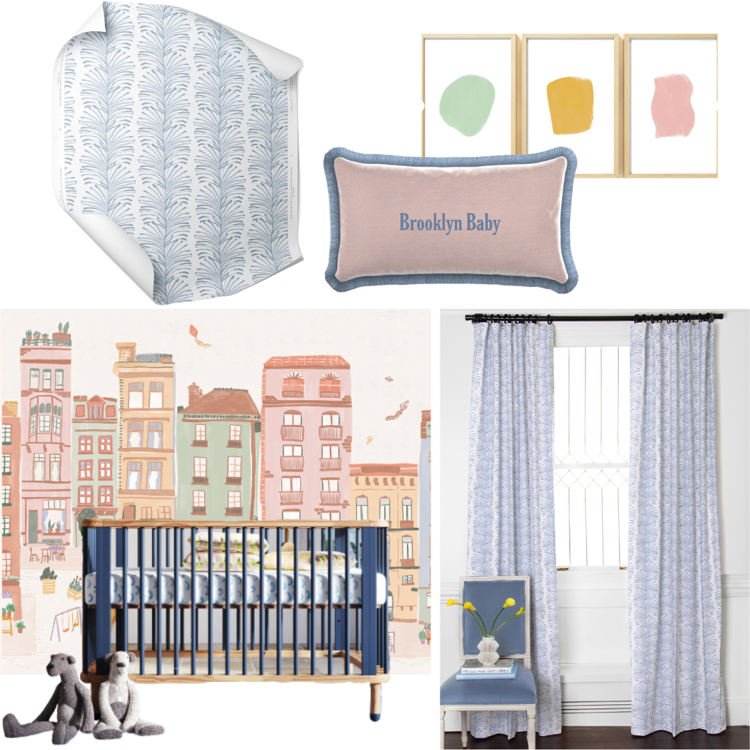 City chic nursery product guide with sky blue botanical curtains and wallpaper, pastel city mural and a blue and white modern crib