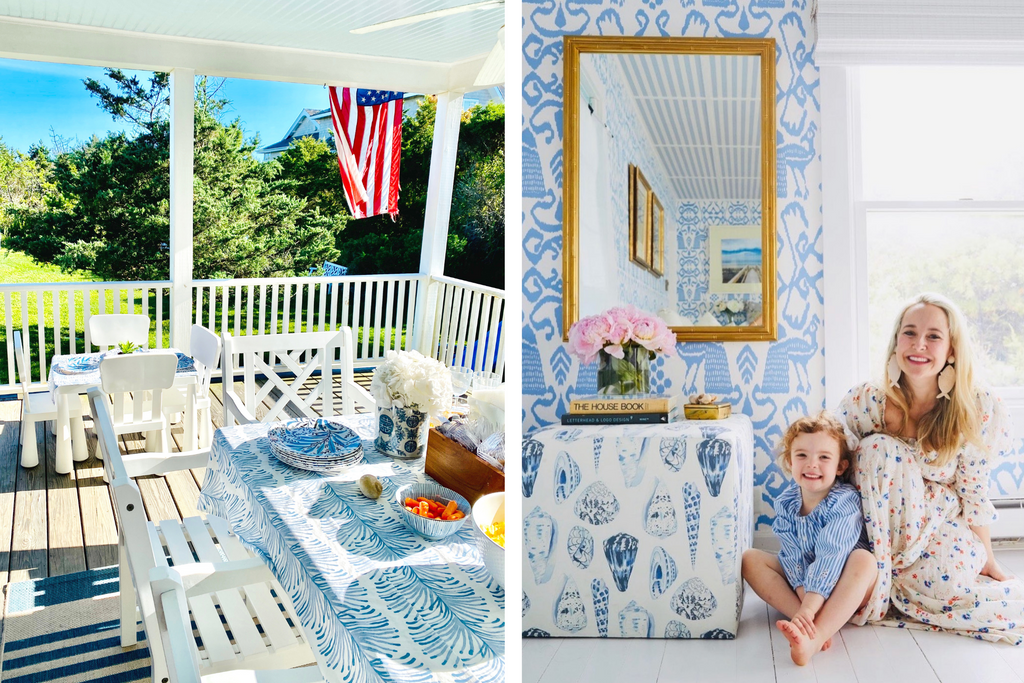 A photo of an outdoor porch with white tables and chairs with a sky blue botanical tablecloth next to a photo of a woman sitting on the floor with her daughter in a room with blue patterned wallpaper