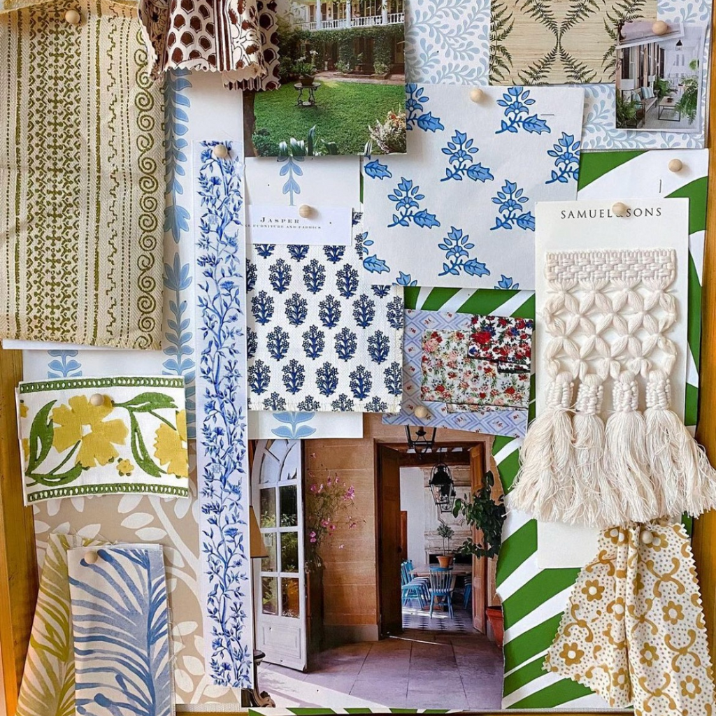 interior design moodboard with blue, green and neutral patterns