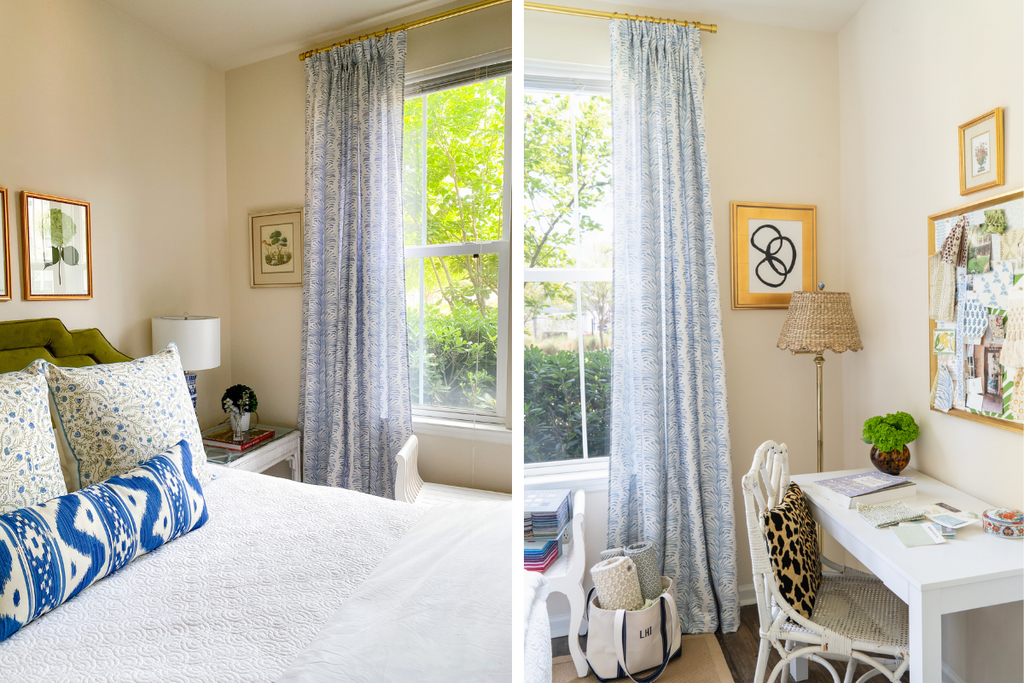 two photos of custom sky blue botanical curtains hanging on a rod in a bedroom with a green upholstered bed and a white desk