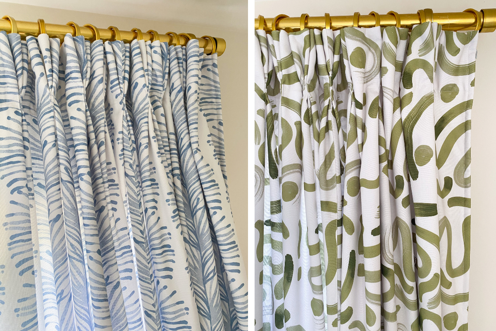 2 close up photos of custom sky blue botanical curtains and custom moss green curtains hanging on a rod