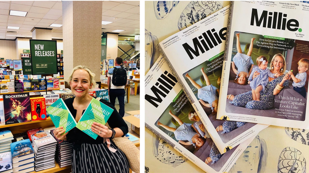 Photo of a blonde woman holding two books in a bookstore next to a photo of a magazine with a woman and her kids on the cover