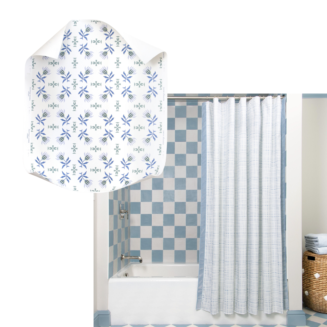 Interior design moodboard with blue and green floral wallpaper paired with plaid sky blue custom shower curtain