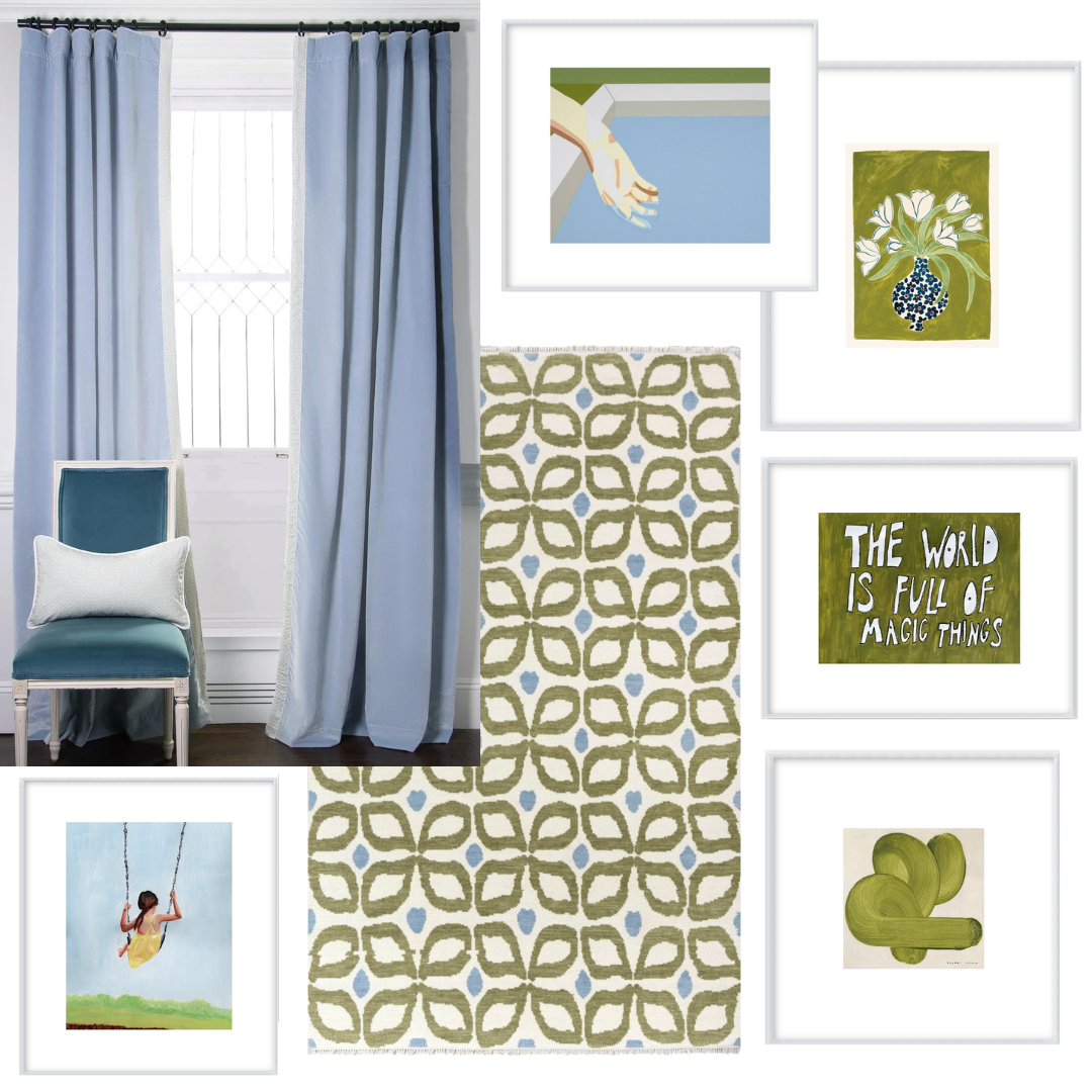 Blue and green design style guide with green geometric rug and sky blue velvet custom curtains and green artwork