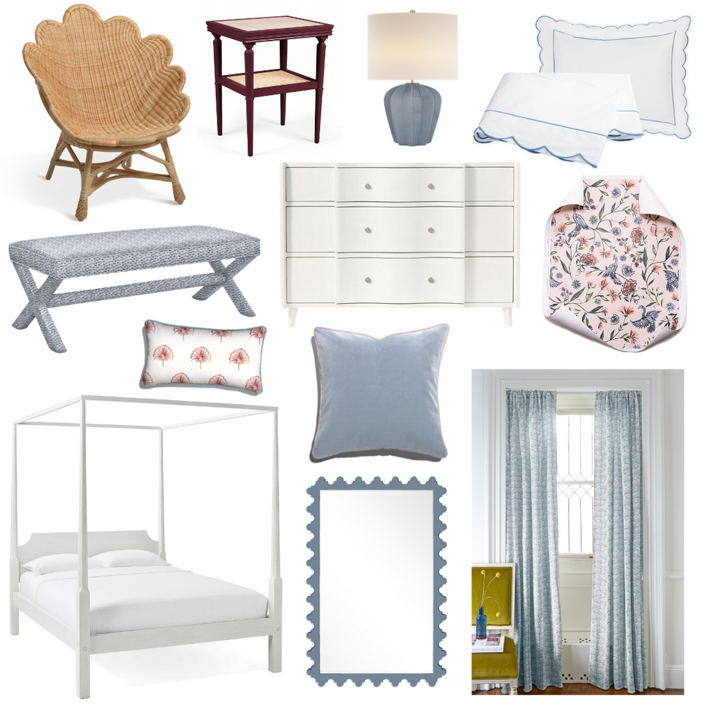 Product style guide including Rattan Venus chair,Maroon side table, Blue table lamp, White Four Poster Bed, White Dresser, Floral Pink Custom Lumbar Pillow, Sky Blue Velvet Custom Pillow, White with Blue Detail Bedding, Sky Blue Botanical Stripe Custom Curtains, Blue Double X-Bench, Nickel Polished Chandelier, Pink Chinoiserie Custom Wallpaper, and Pink Rectangular Mirror