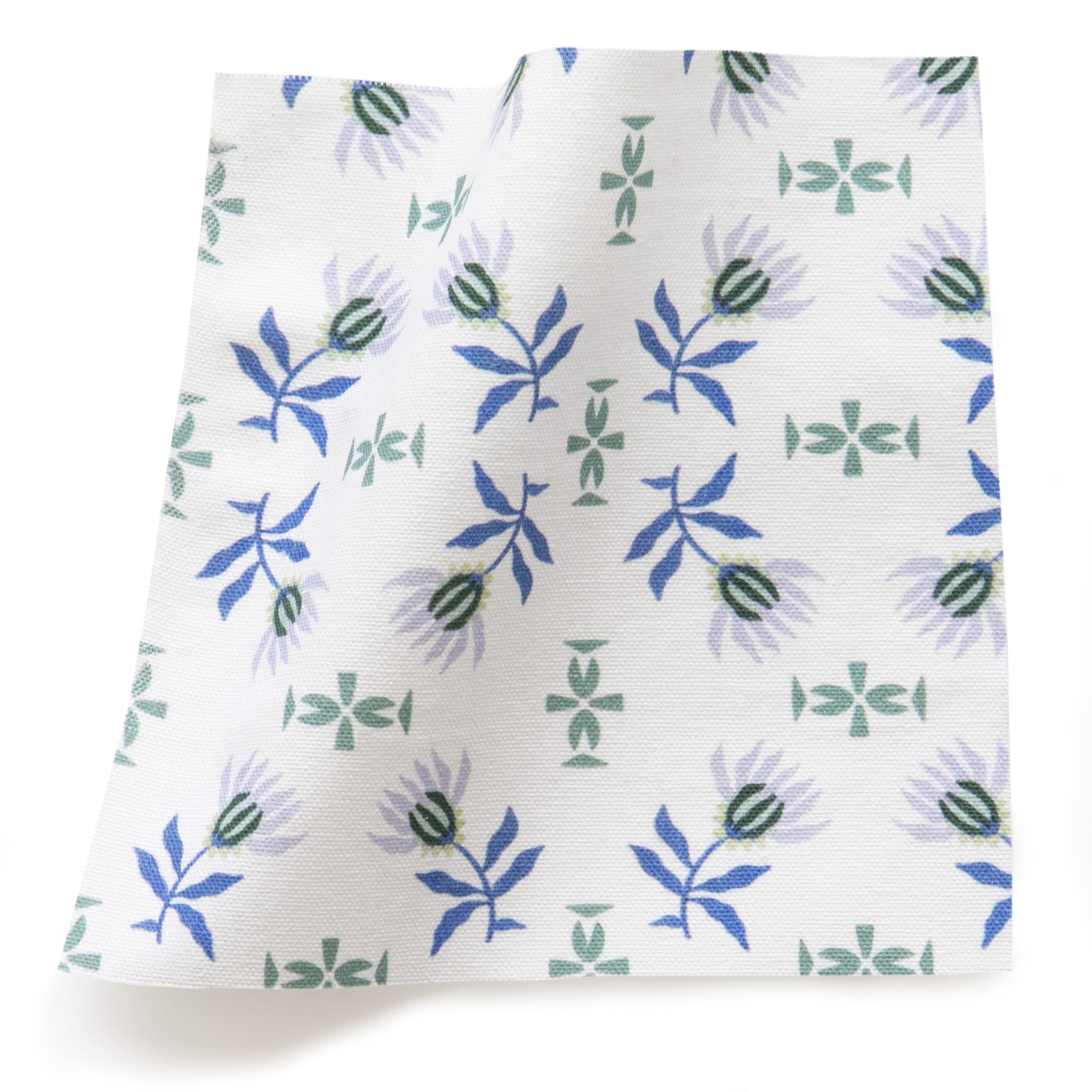Blue and green printed cotton fabric swatch