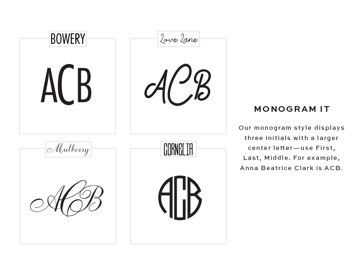 graphic showing the 4 different monogram styles: block lettering, whimsical block letters, script, and classic circle monogram