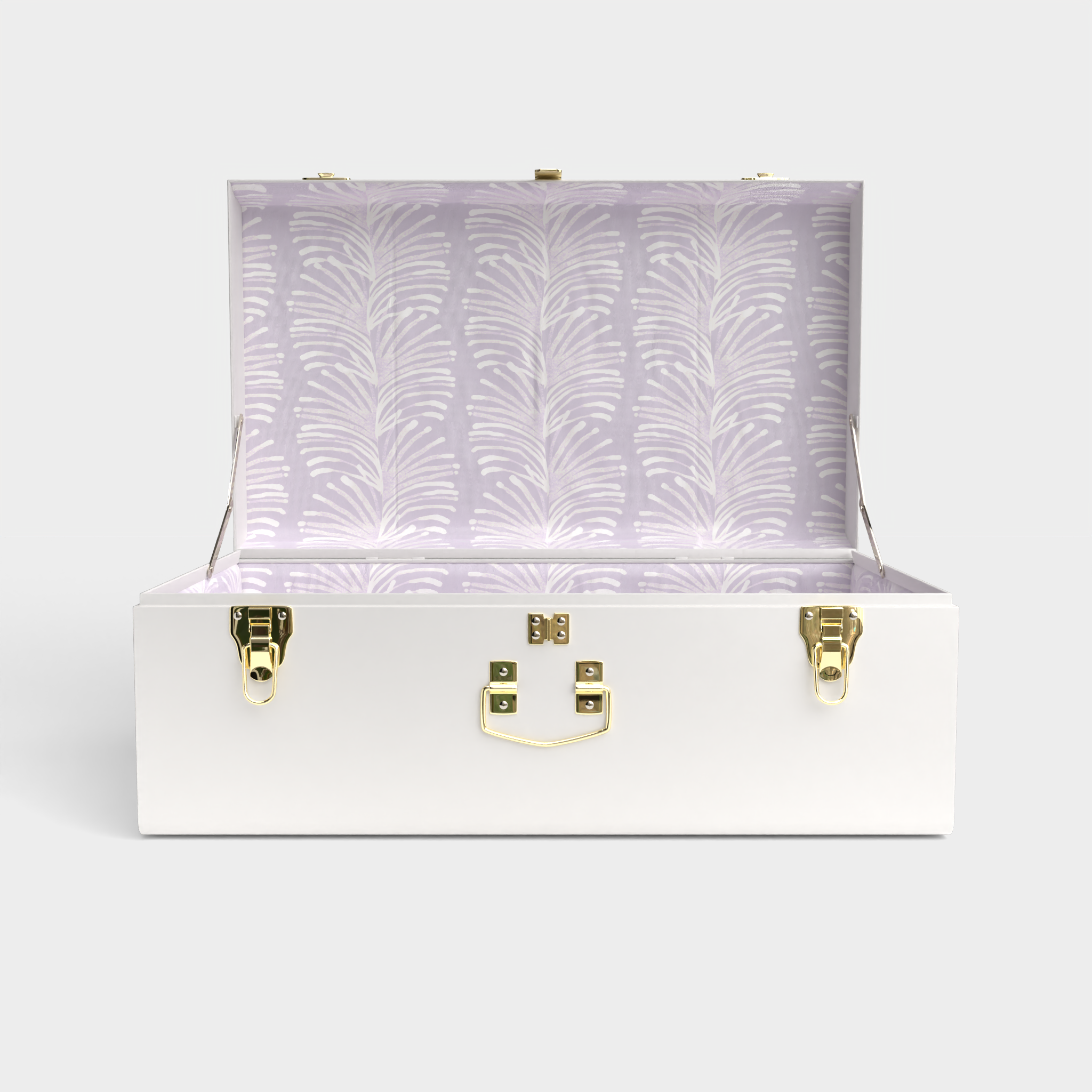 Product photo of a white trunk with lavender botanical striped fabric on the inside