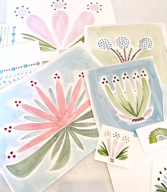 A collection of watercolor artwork featuring pink and green floral inspired motifs
