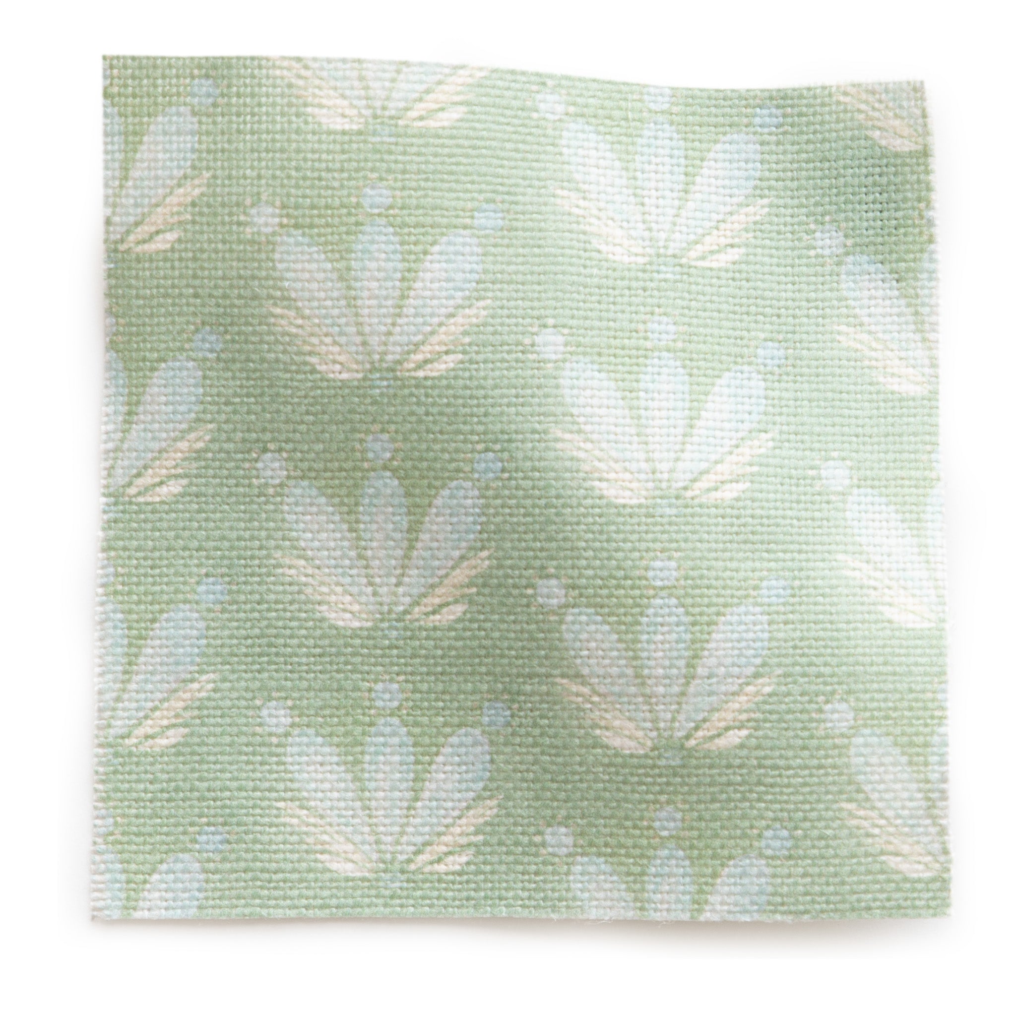 Blue and green gloral drop repeat heavyweight linen fabric swatch