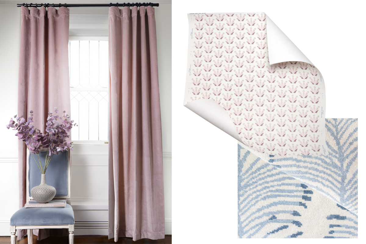 Mauve velvet custom curtain hanging on a rod in a white room with a blue chair next to pink and burgundy floral grasscloth wallpaper and blue botanical striped oushak rug