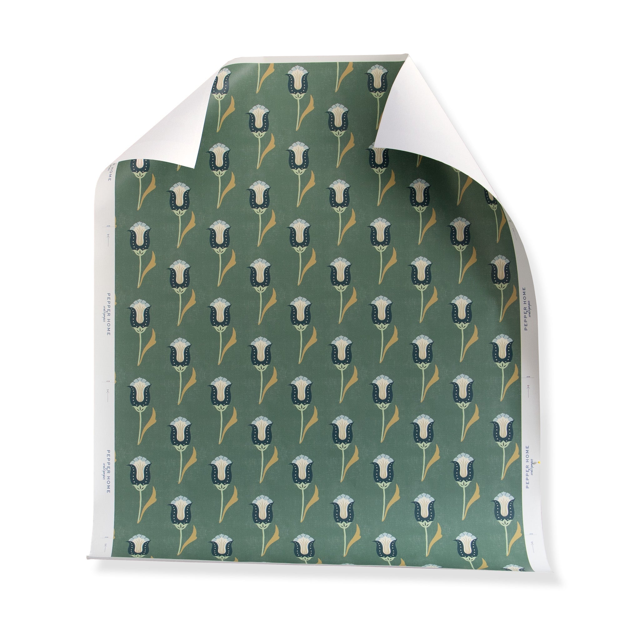 Forest green and navy tulip wallpaper roll on a white background