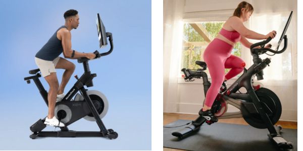 Man Using NordicTrack Bike and Woman Using Peloton Bike Side by Side