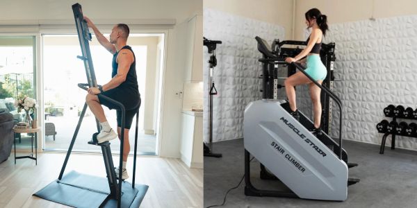 Man Using VersaClimber and Woman Using Stair Climber Side by Side